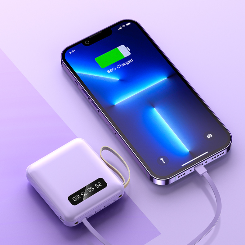 Mini, Compact, Large Capacity, Built In 4 Wire Power Bank, 20000 MAh Fast Charge, Digital Display, 10W Shared Mobile Power Bank_voghion.com
