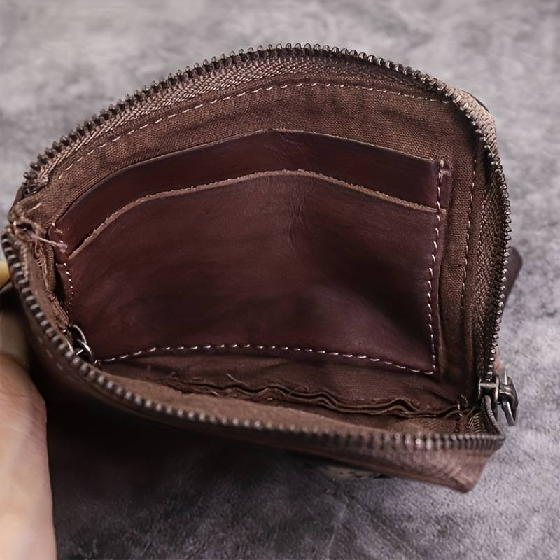 Wallet, Vintage Vegetable Tanned Leather, Distressed Wallet, Zipper Wallet, Key Holder, Card Holder_voghion.com