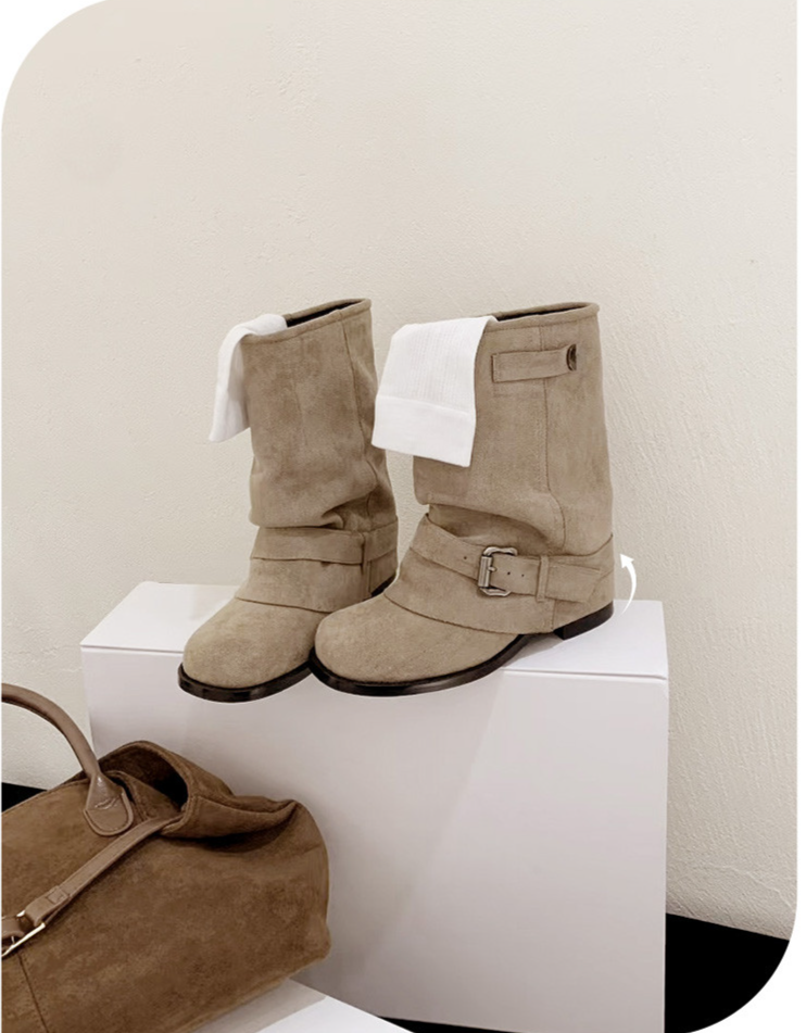 Bottes tube en daim Cameido pour femmes, bottes rétro à boucle de ceinture plissées empilables, bottes western moka_voghion.com