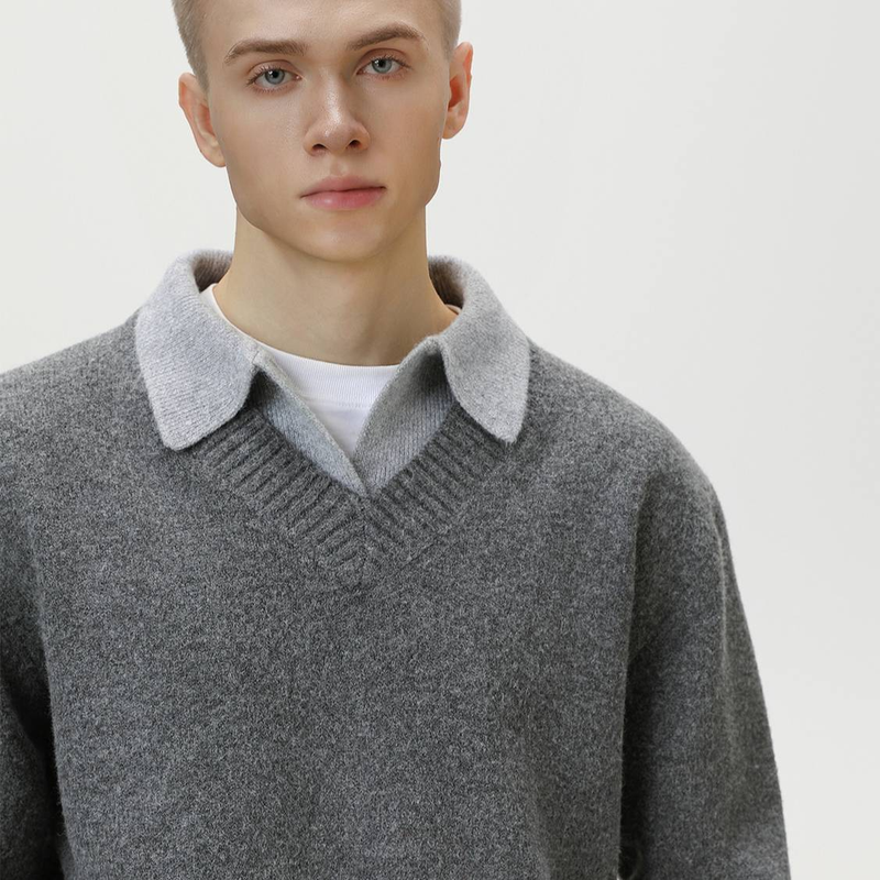 Vintage Cashmere-Look Knit Sweater – Faux Layered Collar Thermal Pullover (M-XXL, Taupe Grey/Stone Grey, 86.8% Polyester Blend)_voghion.com