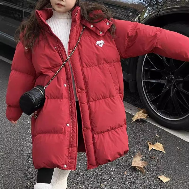 Langer Puffermantel im koreanischen Stil für Mädchen – Knielange Winterjacke mit Fleecefutter (ab 8 Jahren, 120–170 cm, Schwarz/Rot)_voghion.com