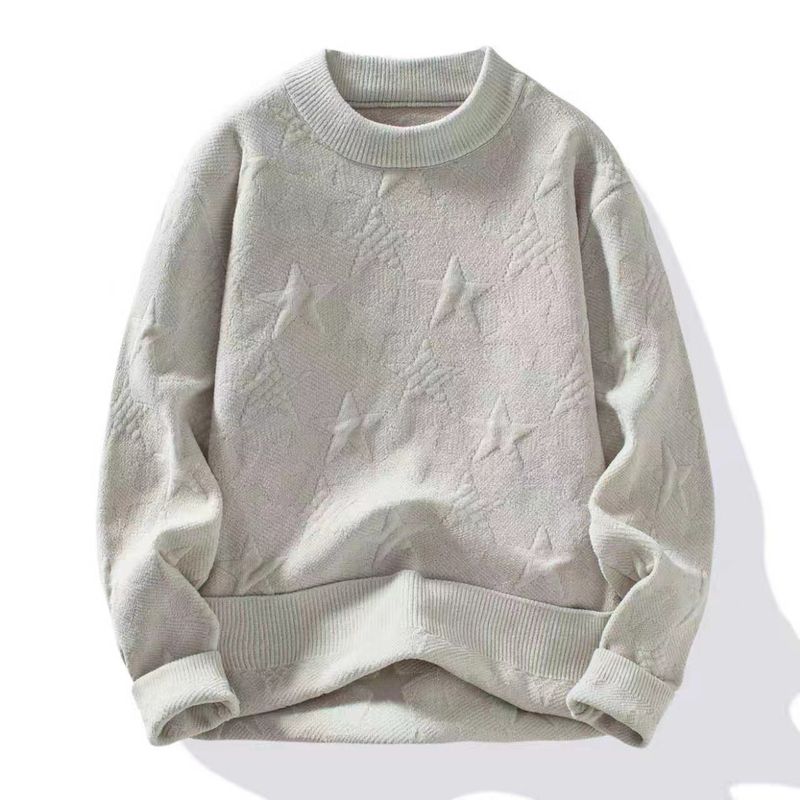 Pull ras du cou brodé étoile pour homme - Pull en tricot chaud d'hiver, coupe décontractée surdimensionnée (beige, camel, bleu poudré)_voghion.com