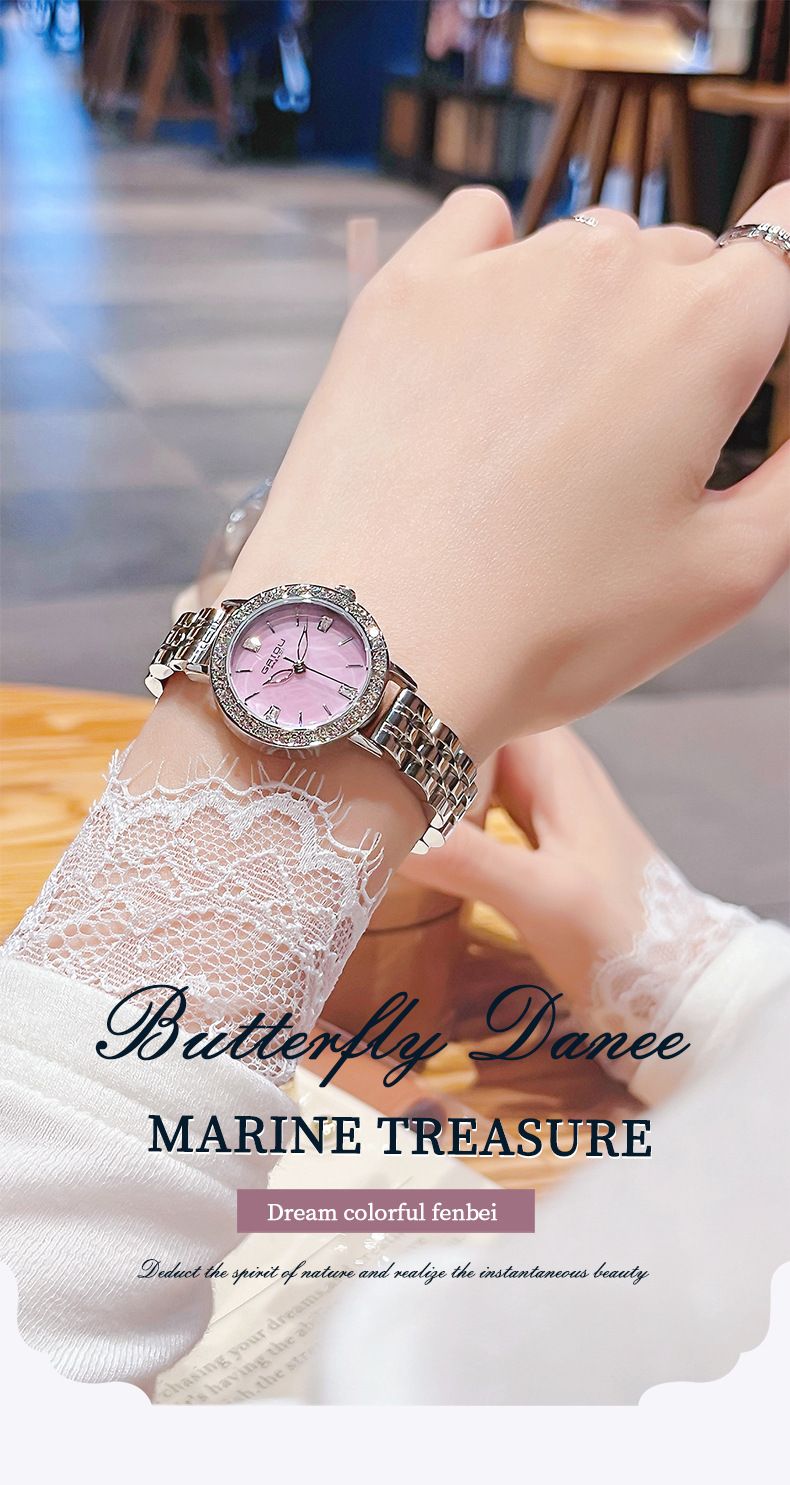 Montre élégante pour femme avec accents de diamants, cadran en nacre, bracelet en acier inoxydable, mouvement à quartz résistant à l'eau._voghion.com