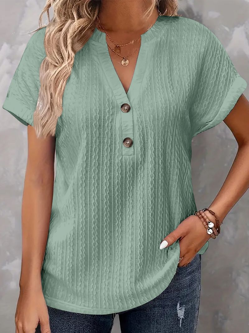 Lässige Kurzarm-T-Shirts mit V-Ausschnitt und Knopfleiste, modische, lockere Pullover-Sommerblusen, T-Shirt für Damen_voghion.com