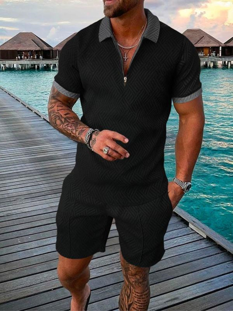 2025 New Summer Men's Shorts Set Short Sleeve Zip Polo Shirt Street T-shirt Two Piece Casual Sportswear_voghion.com