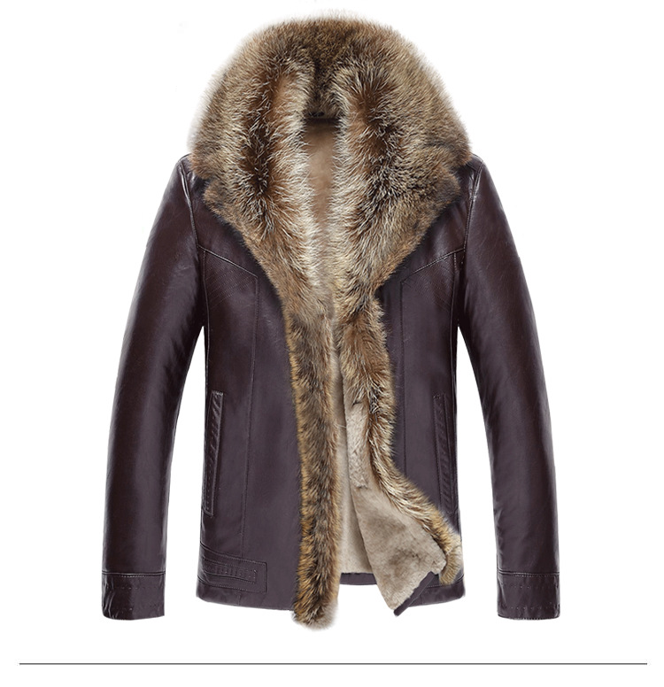Abrigo largo de piel de mapache de invierno con cuello de piel grande para hombre abrigo de cuero grueso_voghion.com