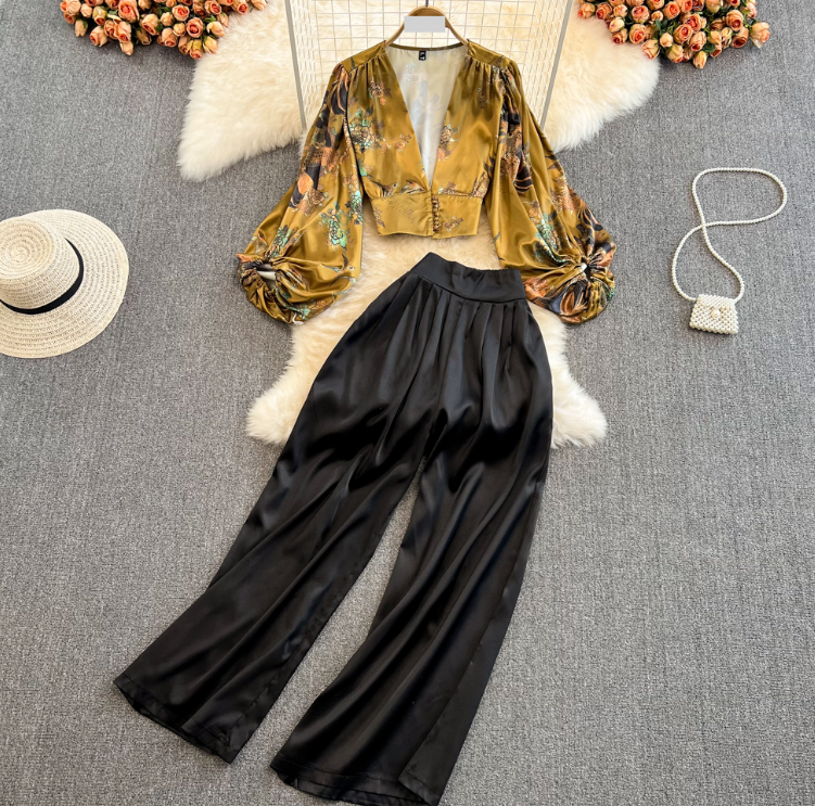 Vêtements pour femmes Style léger et mature, tempérament de célébrité, col en V, manches lanternes, chemise imprimée, costume deux pièces, taille haute, pantalon large_voghion.com