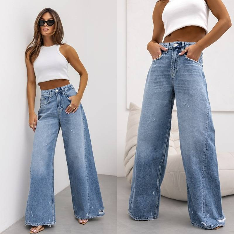 Ropa de mujer Temperamento Botón Chaleco sin mangas Pantalones vaqueros de pierna ancha Traje de mezclilla_voghion.com