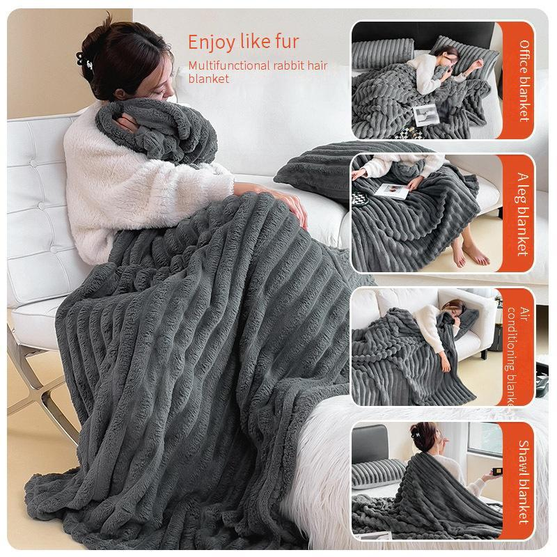 Coperta in pile di pelo di coniglio a doppio strato, ultra morbida e spessa, reversibile, per divano, pisolino, viaggio, coperta regalo di lusso in pile di corallo._voghion.com