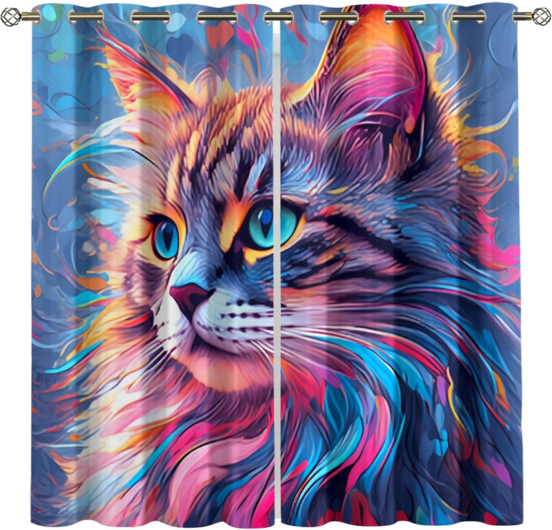 Colorful Cat Blackout Curtains Abstract Art Cat Portrait Patterned Curtains Thermal Insulated Blackout Curtains For Banquet Hall Theater Bedroom_voghion.com