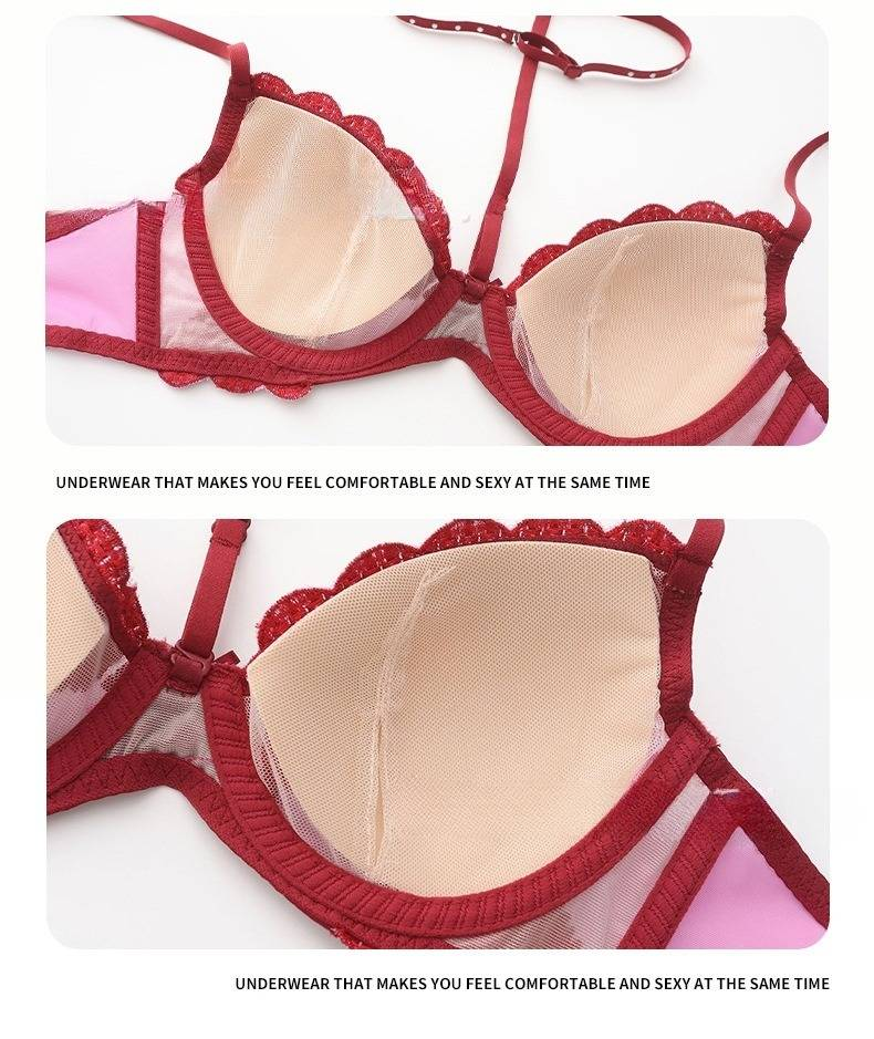 Intimo da donna, intimo sexy, sottile, con scollo all'americana, intimo Love Mesh ricamato, set di reggiseno push-up grande per seno piccolo_voghion.com