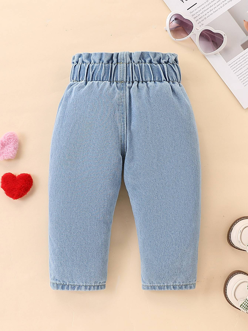 Pantaloni in denim per bambine, in denim azzurro chiaro lavato, con stampa a cuore, carini, casual, semplici, versatili, comodi e con elastico in vita._voghion.com