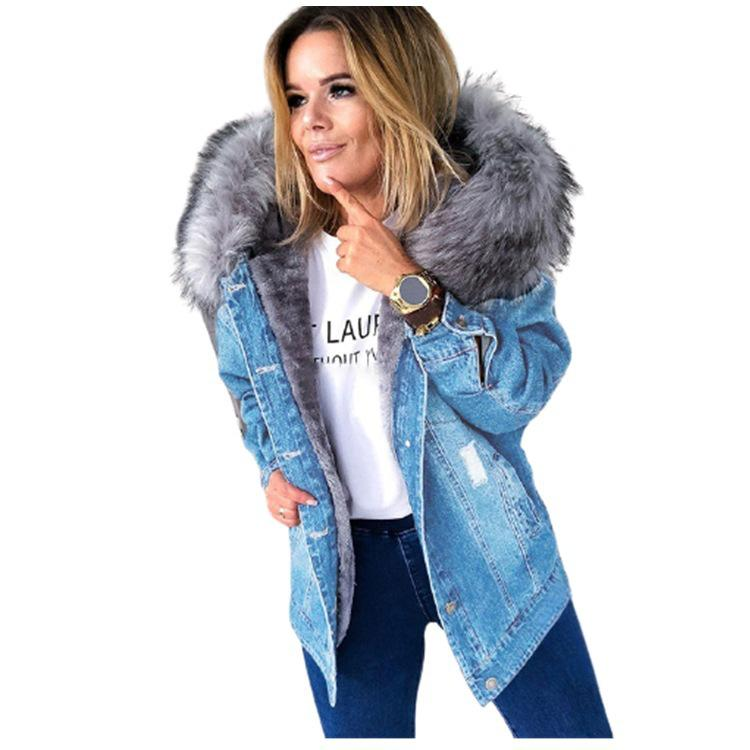 Damenbekleidung Vintage Distressed Denim Mantel mit Kunstpelzkapuze – Stylische Longline-Jacke für Damen, Retro Washed Casual Oberbekleidung (Grau/Schwarz)_voghion.com