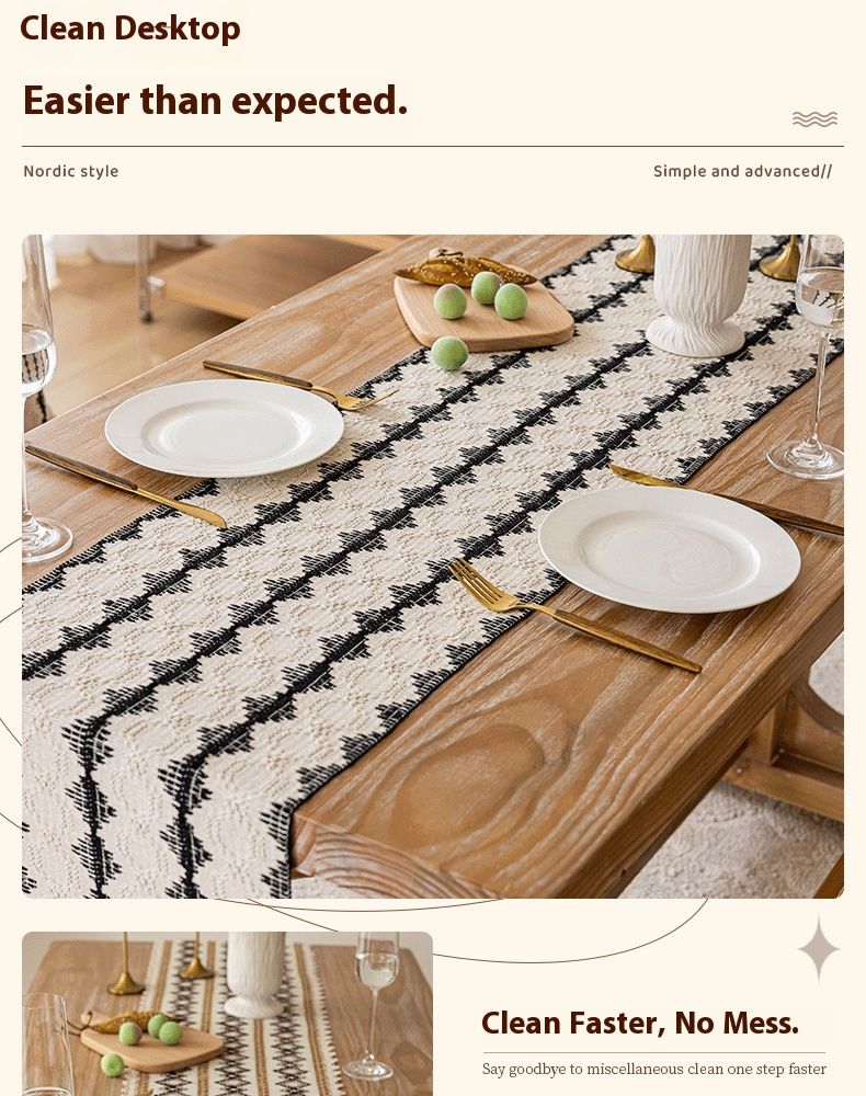 Tischläufer aus Leinen-Baumwolle – Schwarz & Beige, minimalistisches Dekor mit Quasten (33–273 cm, Streifen/Karos) für Ess- und Konsolentische_voghion.com