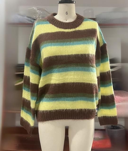 Women's Clothing Comfortable Casual Colorful Round Neck Striped Knit Sweater - Soft & Cozy Round Neck Pullover, Colorful Casual Top For Fall & Winter_voghion.com