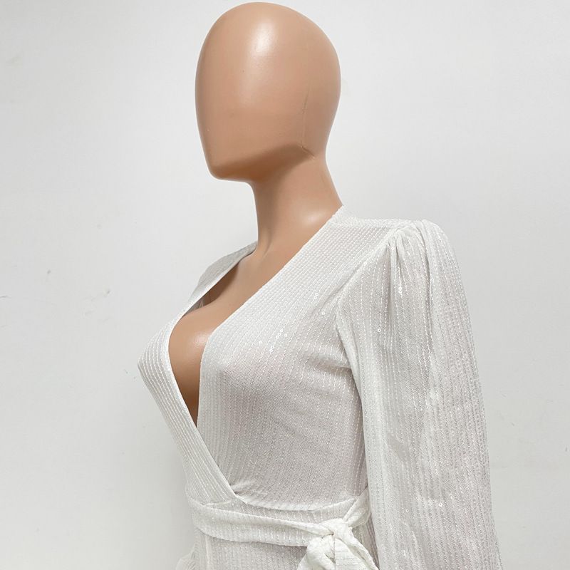 Damkläder Ins Style Deep V Mode Casual Jumpsuit Långärmat Bälte Paljett Jumpsuit Dam_voghion.com