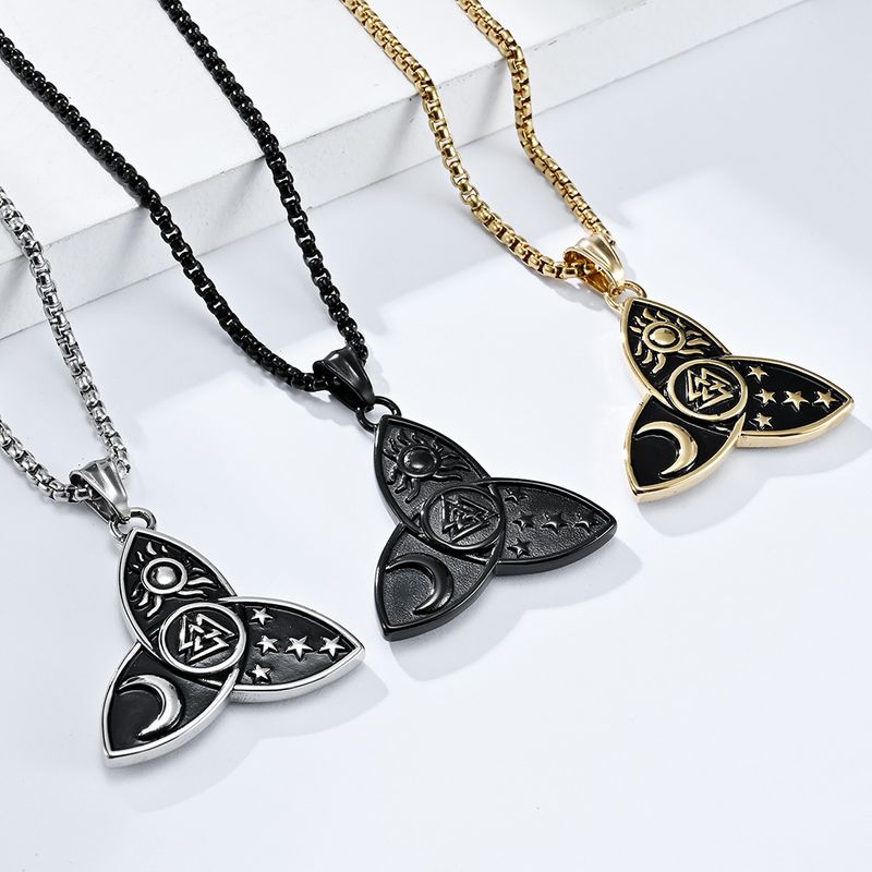 Collier en acier titane avec pendentif en forme de triangle nordique celtique, étoile, lune, soleil, mythe d'Odin_voghion.com