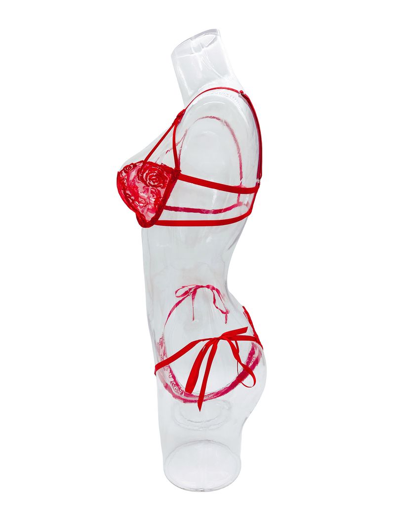 Completo intimo sexy Pure Desire da donna in rete trasparente, stile romantico, perizoma rosso_voghion.com