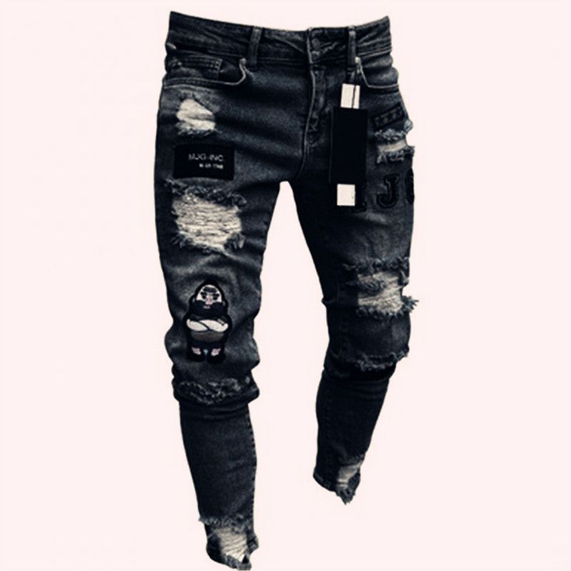 Enge Herrenjeans mit aufgestickten Löchern und schmalen Hosenbeinen_voghion.com