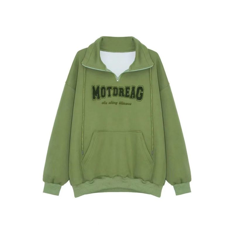 Felpa da uomo streetwear in pile con mezza zip e collo alto – Pullover unisex oversize con stampa di lettere in grassetto (nero/verde/grigio, M-2XL)_voghion.com