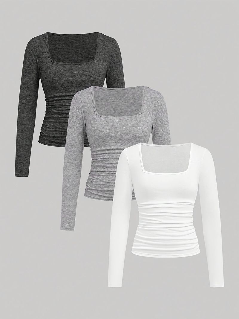 Women's Square Neck Long Sleeve Knit T-Shirt 3-Pack Set - Solid Color Wrinkle Texture Casual Tops_voghion.com