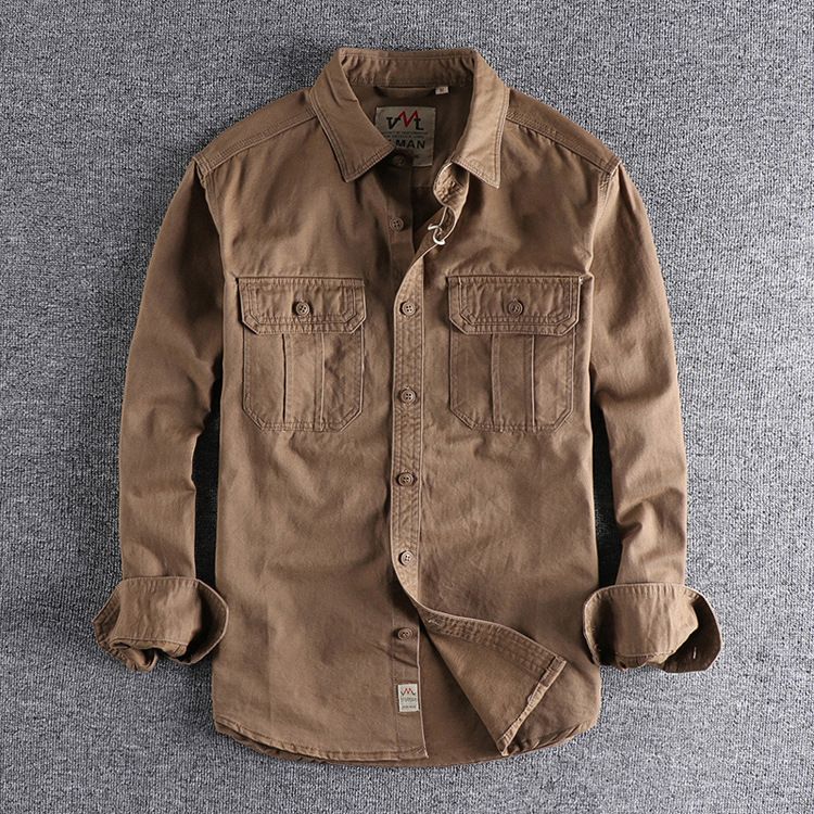 Herrenbekleidung, Arbeitskleidung, Hemdjacke mit mehreren Taschen, schlicht, verwaschen, im Used-Look, vielseitiges Langarmhemd, lässige Oberteile_voghion.com