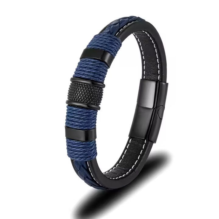 Braccialetto punk con fibbia magnetica, in acciaio al titanio, da uomo, a doppio strato, in vera pelle intrecciata, con personalità._voghion.com