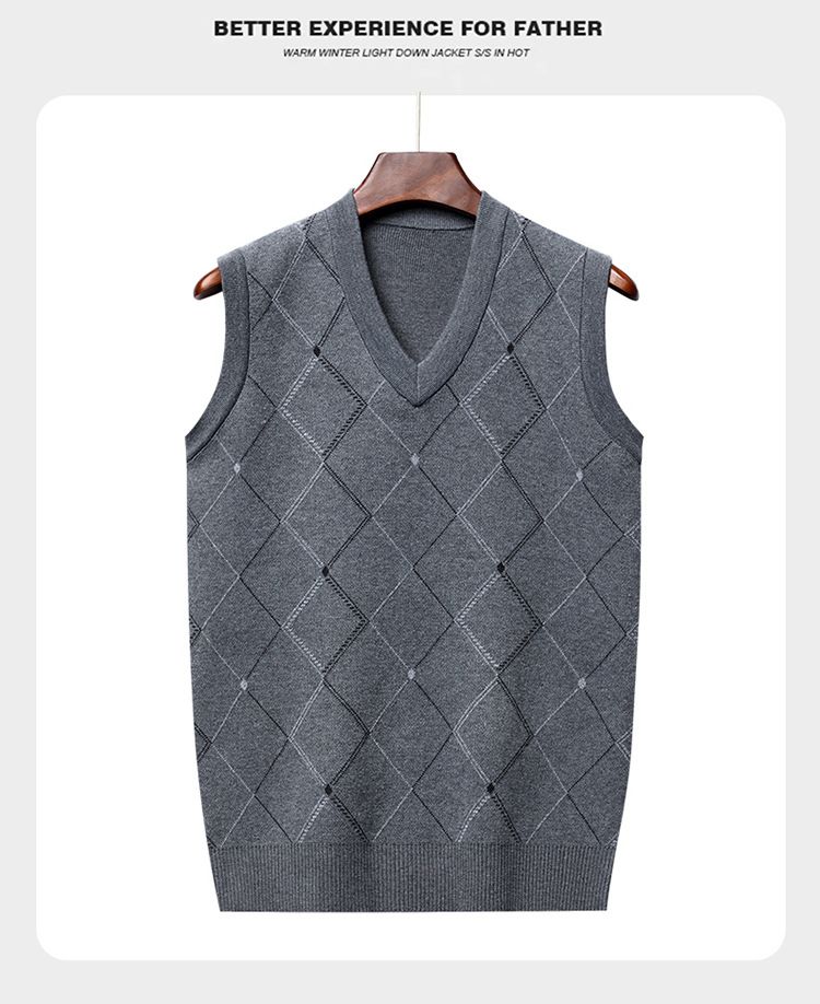 Men's V-Neck Sleeveless Knit Vest - Thickened Polyester Wool Sweater Vest For Casual Wear (M-XXXXL, Grey/Beige, Checkered Pattern)_voghion.com