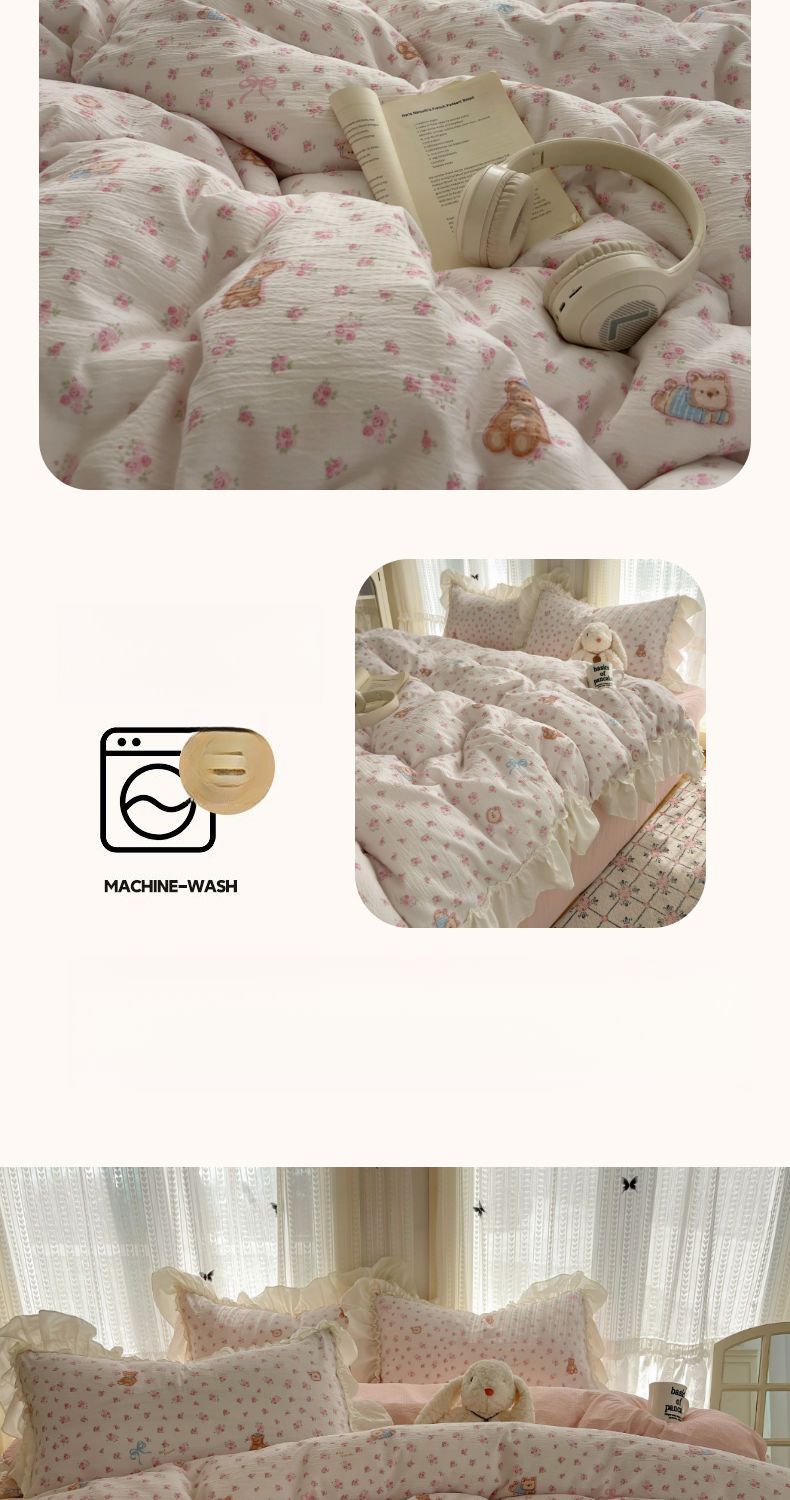 HIINII Girlish Heart Ins Cloud Sense Dwuwarstwowa poszewka na kołdrę z gazy Zou Cotton Edge w stylu pasterskim, cztery części_voghion.com