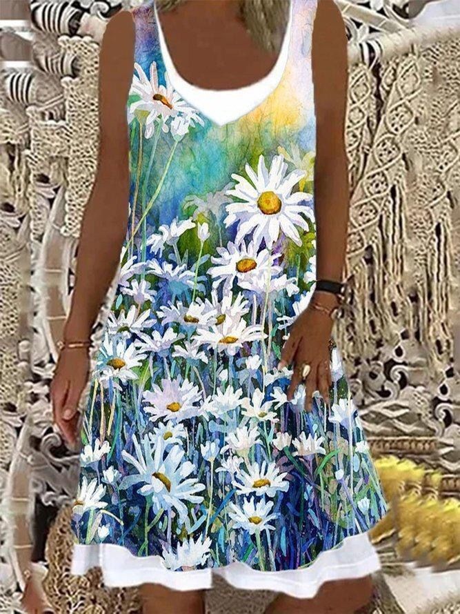 Abito casual senza maniche con scollo rotondo e stampa floreale in denim 2021_voghion.com