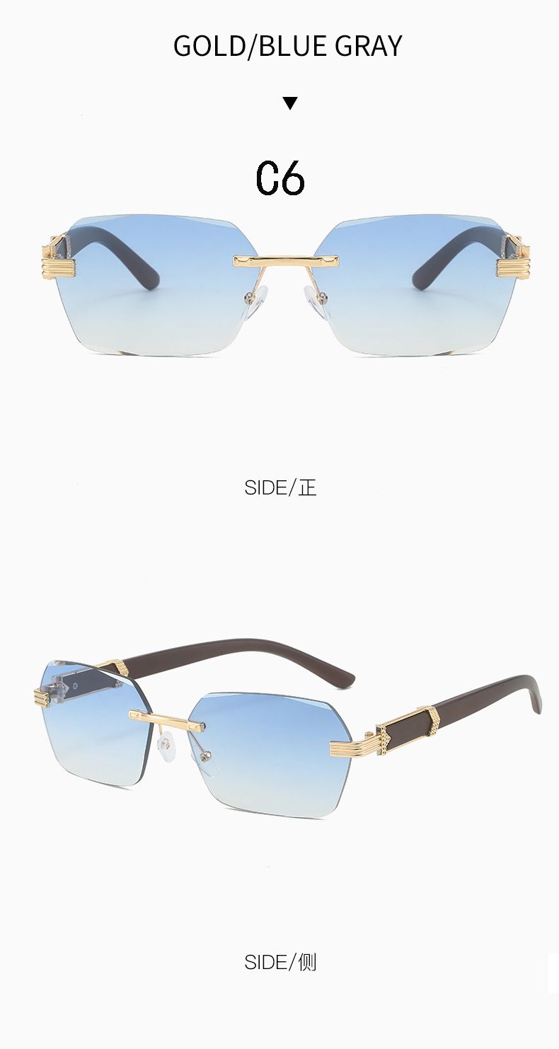 Brand Designer Diamond Cut Rimless Women Wood Color Frame Small Rectangle Men Sunglasses with Custom_voghion.com