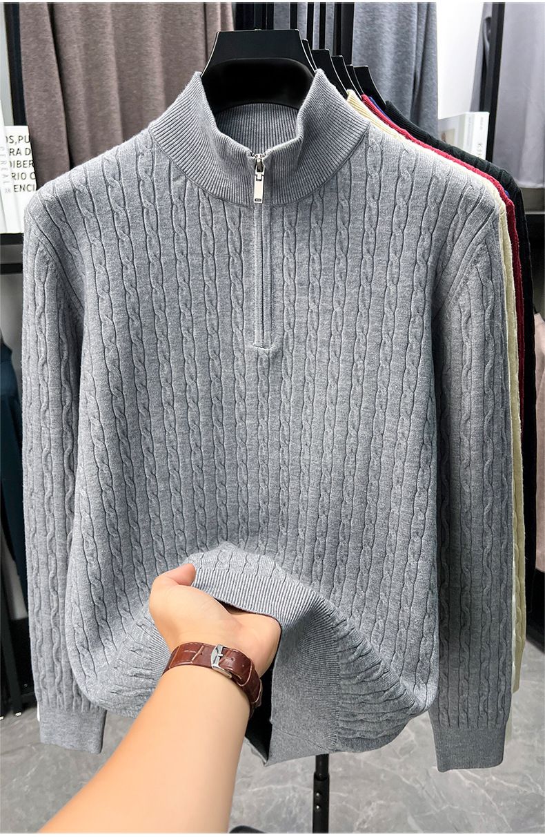 Herren-Strickpullover, dick, halbhoch geschnitten, mit Reißverschluss, lässig, lockere Passform, für Herbst/Winter_voghion.com