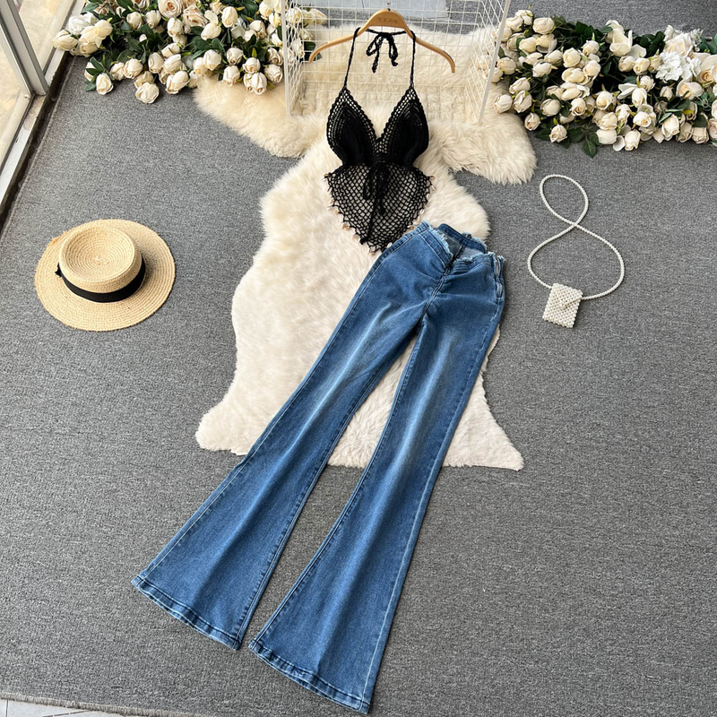 top a tubo con scollo all'americana cavo a rete irregolare + abito a due pezzi in jeans svasato a vita alta con bordo grezzo_voghion.com