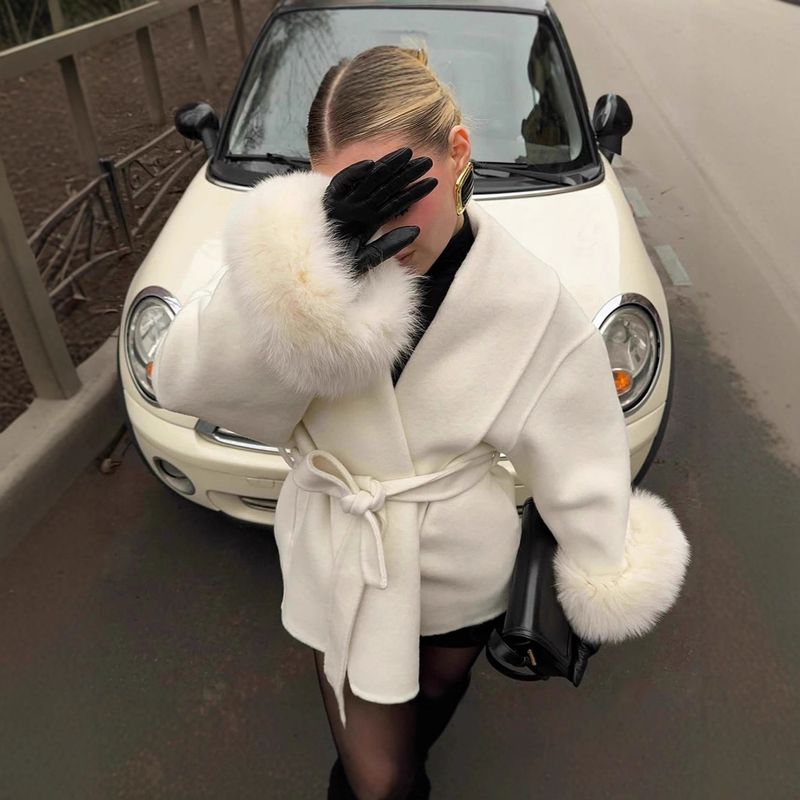 Women's Clothing Autumn And Winter Woolen Coat Short Coat Women's Cuffs Fur V Neck Lace Up Solid Color_voghion.com