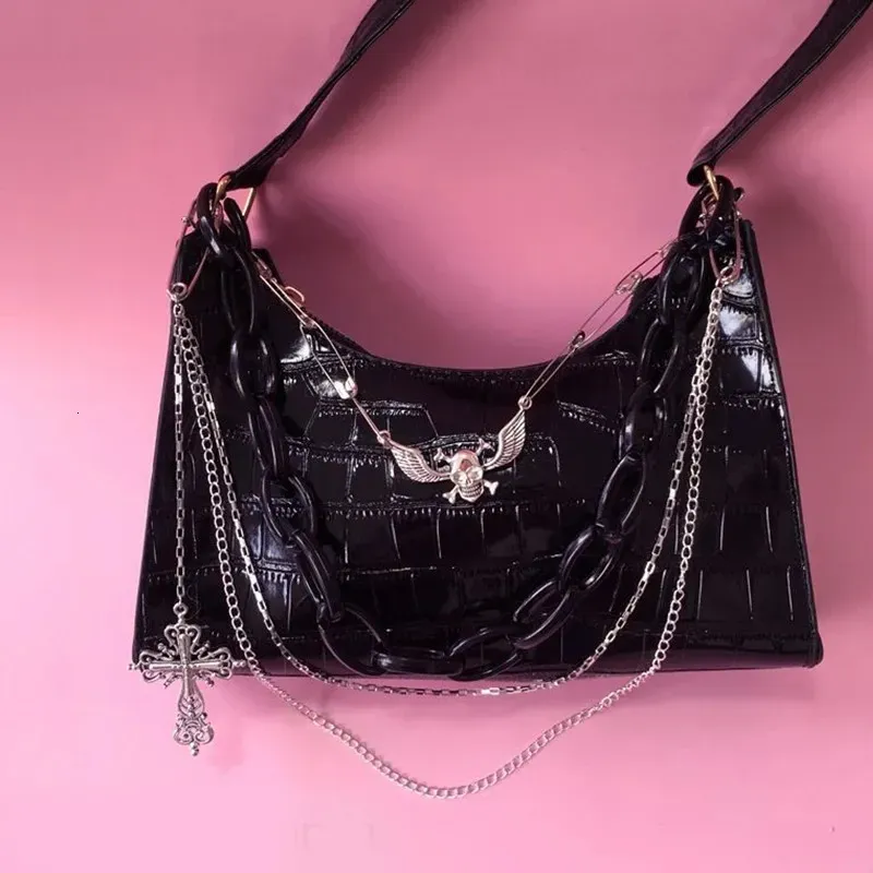 Borsa a tracolla gotica nera punk con teschio e catena Y2k, estetica pop coreana 250408l_voghion.com