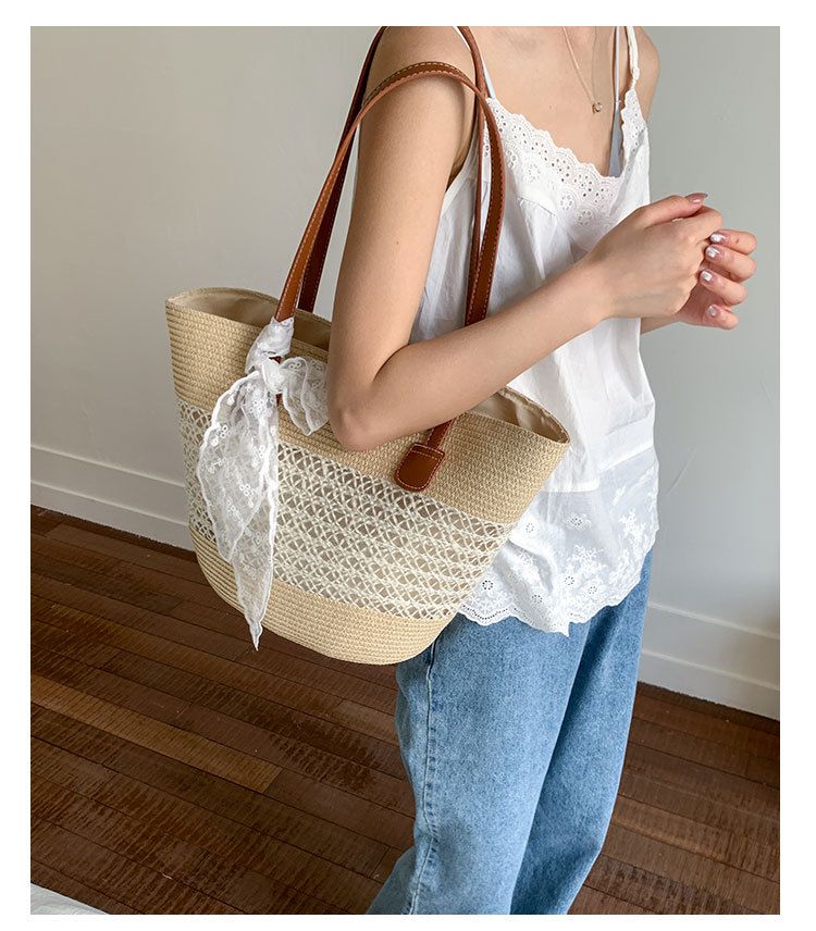 Borsa a mano estiva da donna, borsa da spiaggia, grande capacità, borsa a secchiello in paglia di rattan intrecciata, alla moda_voghion.com