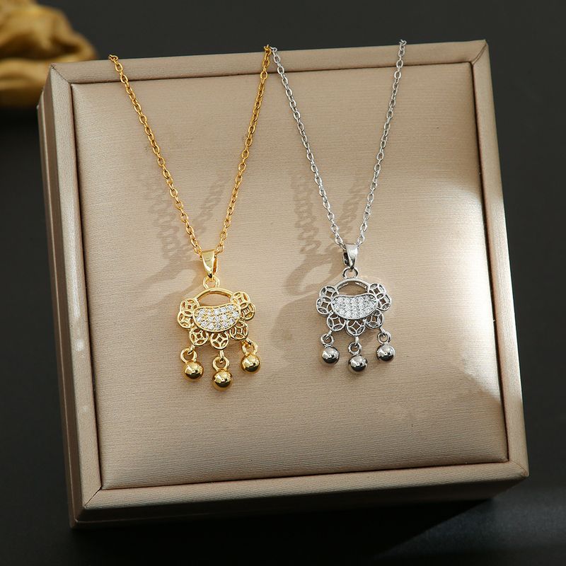 Chinese Style Copper Coin Tassel Long Life Lock Pendant With Micro Inlaid Titanium Steel Necklace, Female Niche Design,_voghion.com