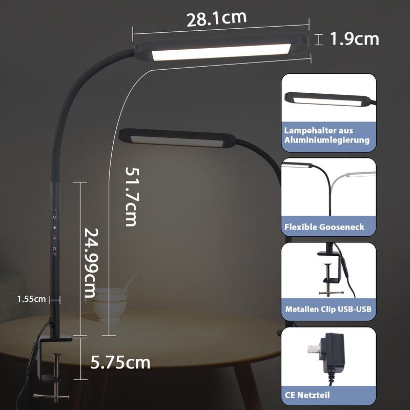 Glitzerlife Schreibtischlampe Weiß LED Dimmbar - 11W Klemmbar Tischlampe Mit Stecker 5 Farbtemperatur-Helligkeitsstufen Mit Timerfunktion Nachtlicht-Modus_voghion.com