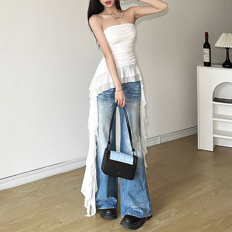 Spring New Women's Solid Color Slim Fit Street Fashion Off-Shoulder Sleeveless Ruched Top_voghion.com