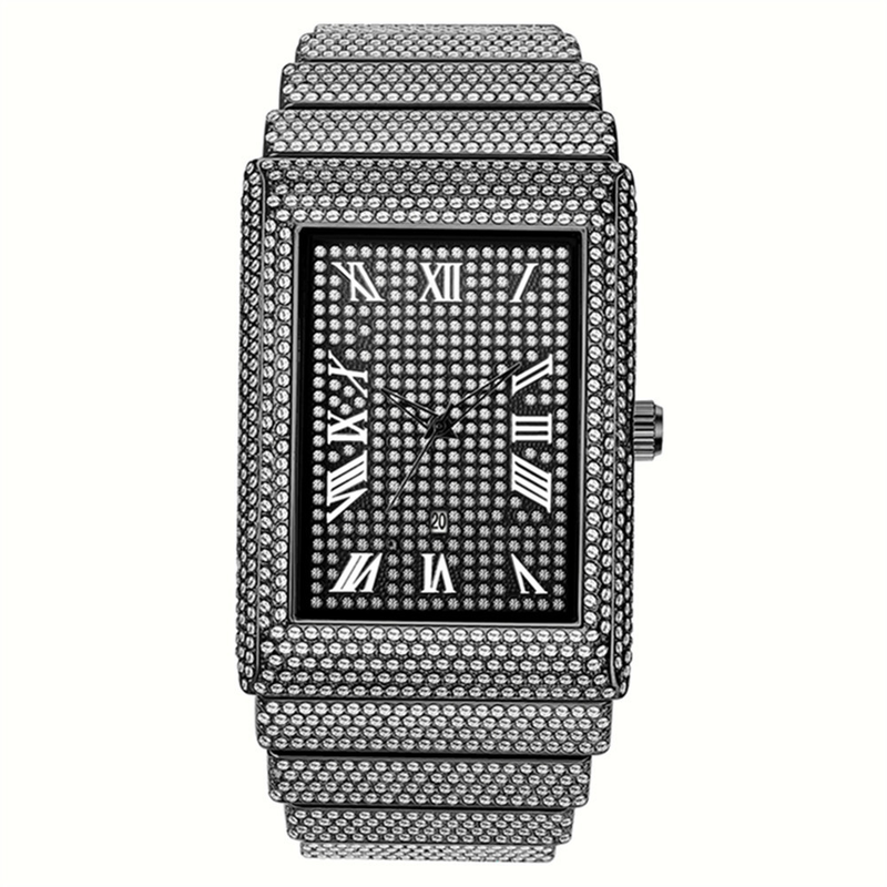 Men's Luxury Rhinestone Watch - Hip Hop Square Dial With Diamond Accents, Gold Tone Stainless Steel Band, Date Display, Quartz Movement_voghion.com