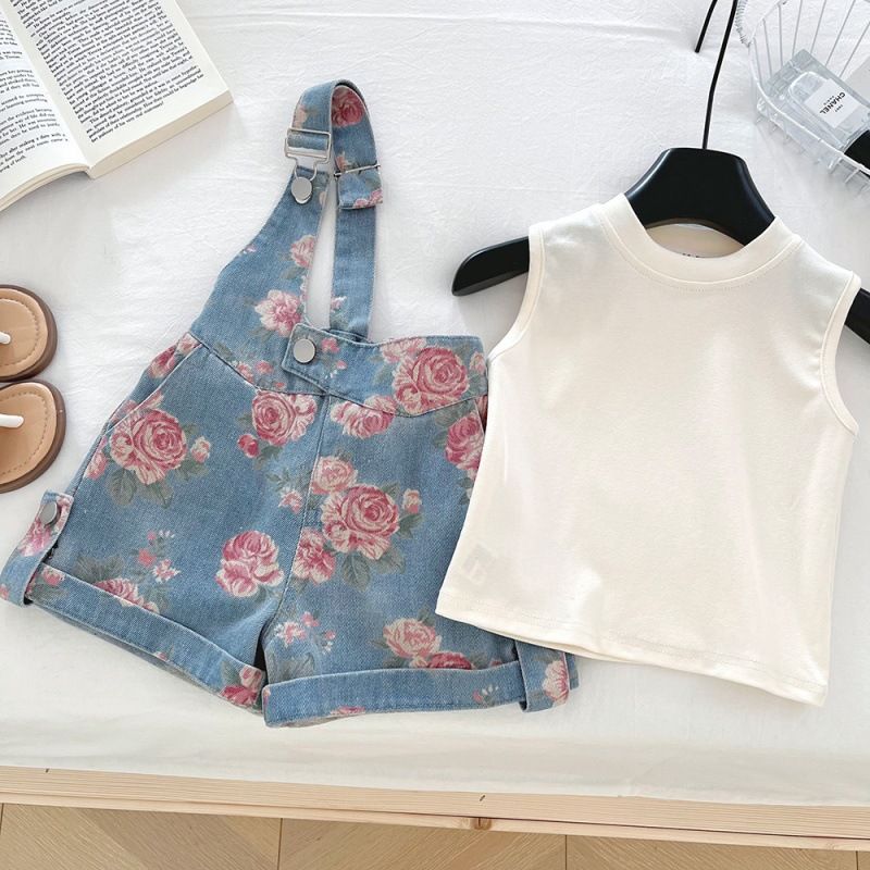 Vêtements pour enfants, ensemble d'été pour filles, haut sans manches et short en jean imprimé, ensemble deux pièces, tenue tendance pour bébé fille_voghion.com