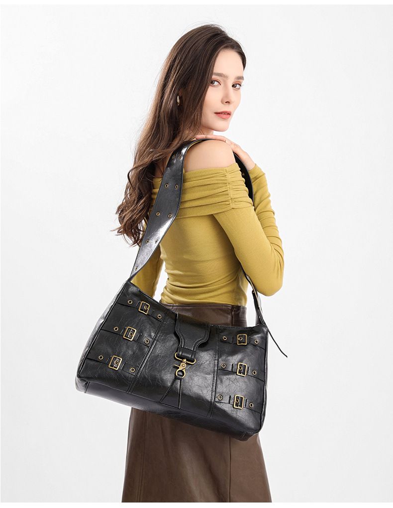 2025 New PU Leather Shoulder Bag Wide Strap Retro Large Capacity Heavy Metal Punk Vintage Tote Handbag_voghion.com