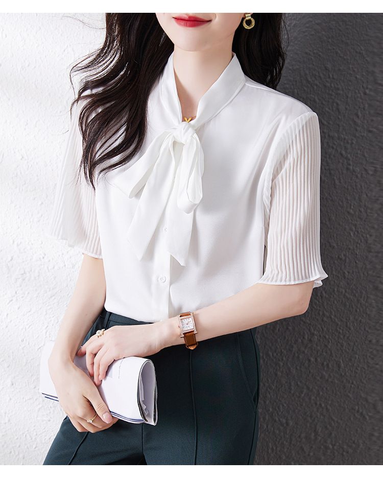 Nuova camicia con fiocco bianca alla moda da donna all'interno della camicia_voghion.com