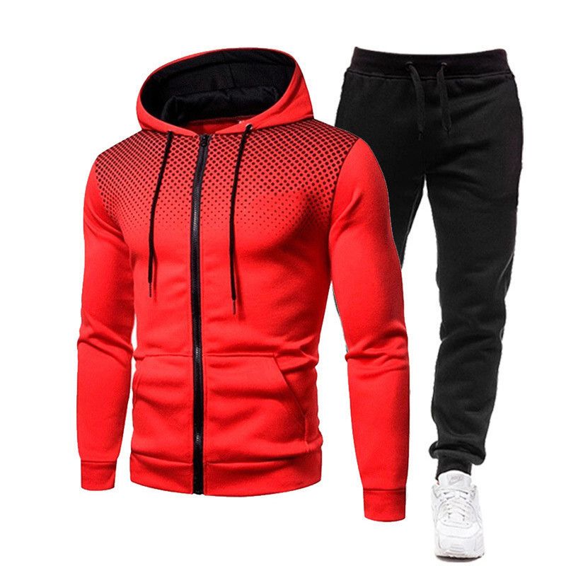 Autumn Winter Fleece Polka Unisex Sports Hoodie Dot Men Solid Color Zipper Sweatshirt Sweatpants Set_voghion.com
