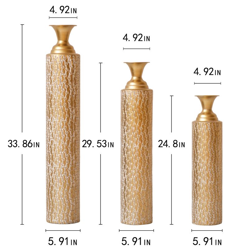 Metal Decorative Vases High Distress Metal Center Vases With Growing Vine Patterns, Set Of 3 Vases For Home Decoration 34 ", 29 ", 25 "H, Gold_voghion.com