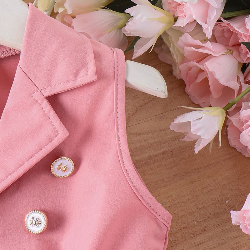 Kid's Clothing Girls Sleeveless Stand Up Collar Buttoned Suit Mesh Princess Skirt Belt Two Piece Suit_voghion.com