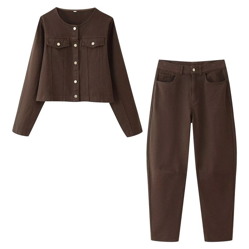 Dametøj Mode Retro Slim Fit Enkeltradet Denimjakkesæt Med Vide Benbukser_voghion.com
