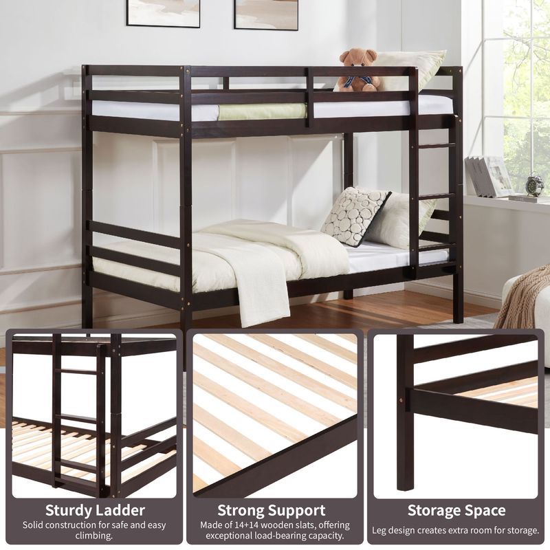 Twin Over Twin Bunk Bed With Ladder,Wooden Bunk Bed With High Guardrail And Ladder For Kids, Teens, Dorm Rooms, And Guest Rooms,No Box Spring Needed,Espresso_voghion.com