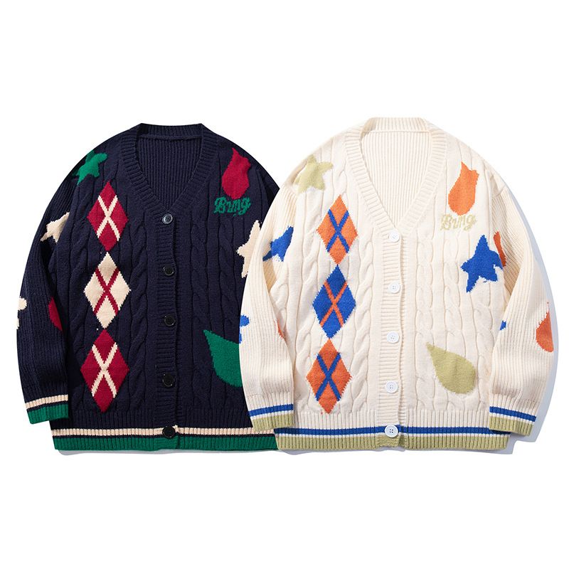 Strickjacke mit buntem Rautenmuster im Vintage-Stil für Herren und Damen – lässiger Retro-Pullover mit offener Vorderseite für Teenager und junge Erwachsene (Blau, Beige, S-4XL)_voghion.com