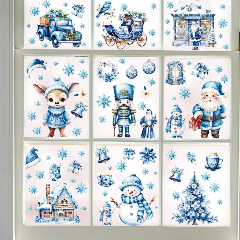 Adesivo decorativo natalizio statico per finestra con Babbo Natale, alce e pupazzo di neve blu, personalizzabile, transfrontaliero_voghion.com